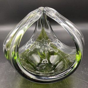 Vintage Murano Style Art Glass Basket Candle Holder Dish Green & Clear